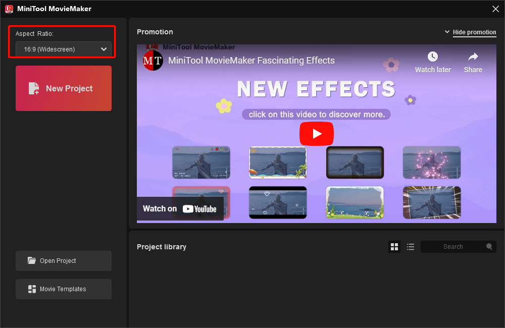 Select an aspect ratio before creating a project in MiniTool MovieMaker