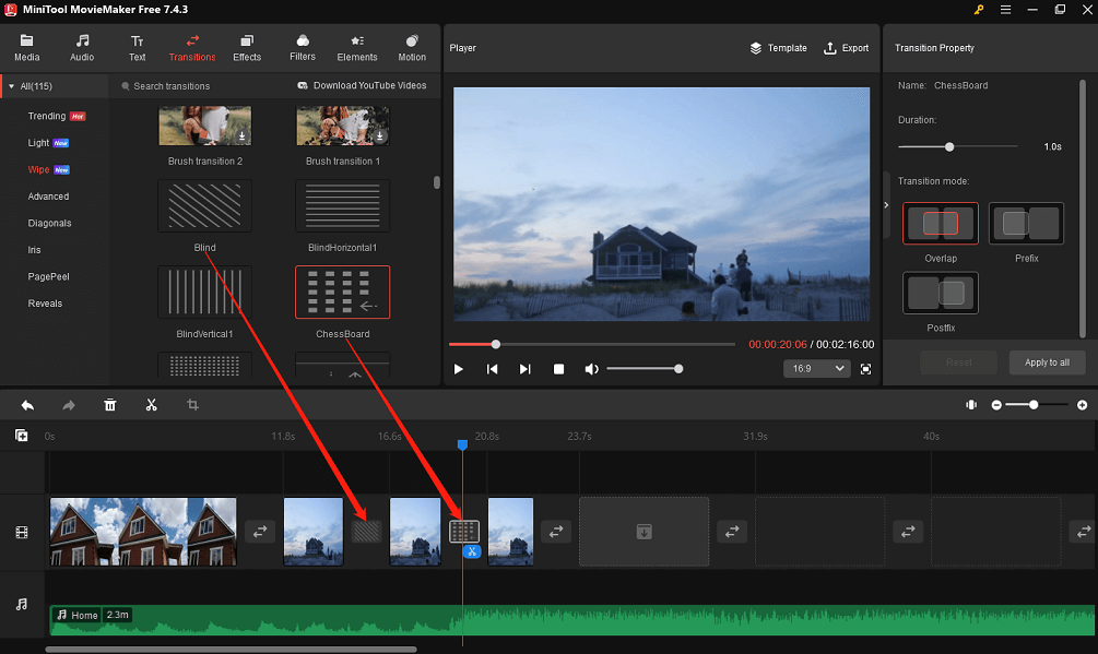 Add transition effects between video clips in MiniTool MovieMaker