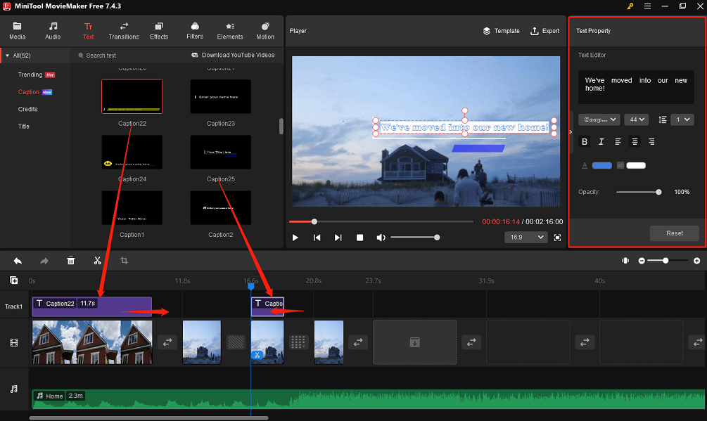 Add and edit caption overlays in MiniTool MovieMaker