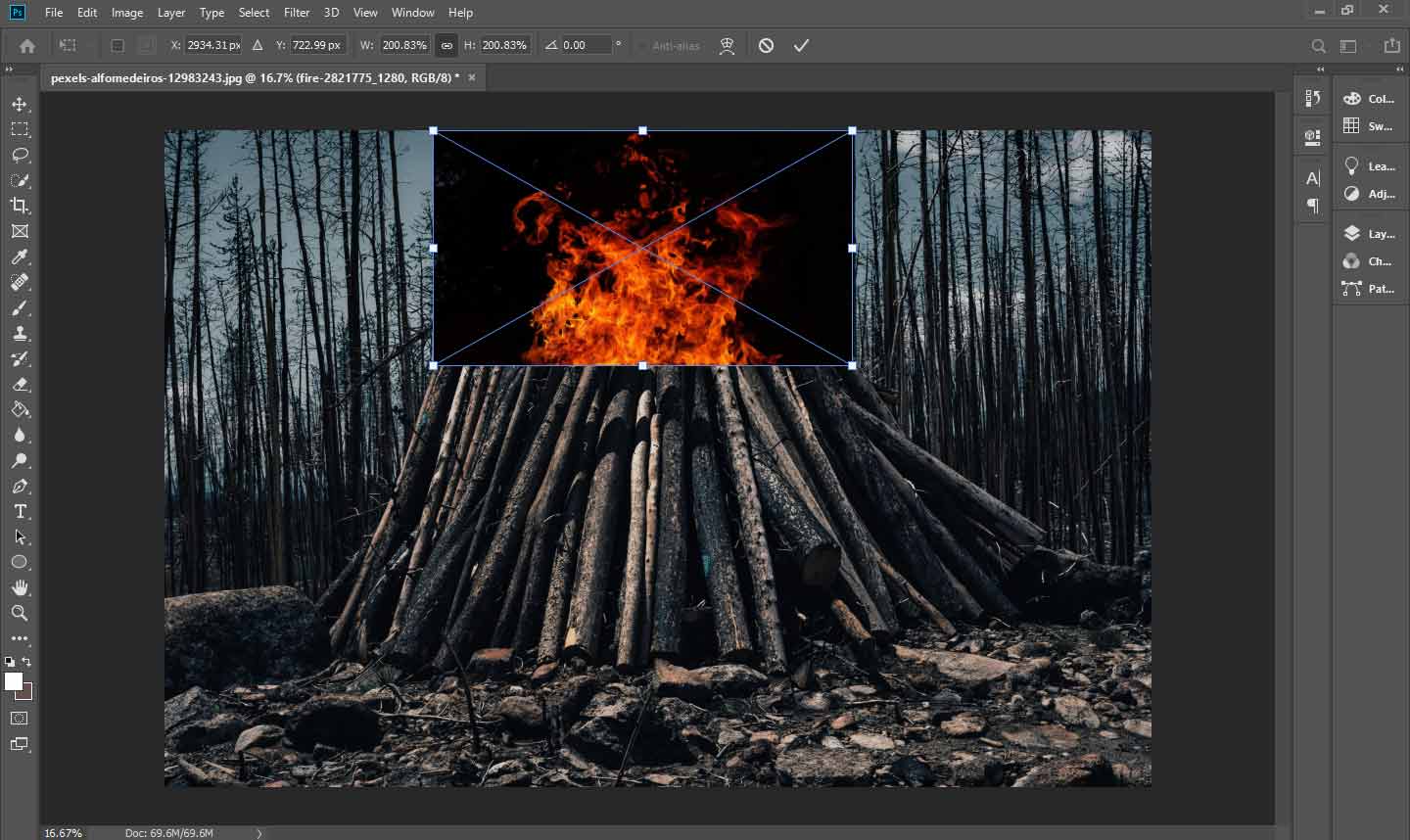 Import the fire image and adjust the overlay image’s position and size in Photoshop