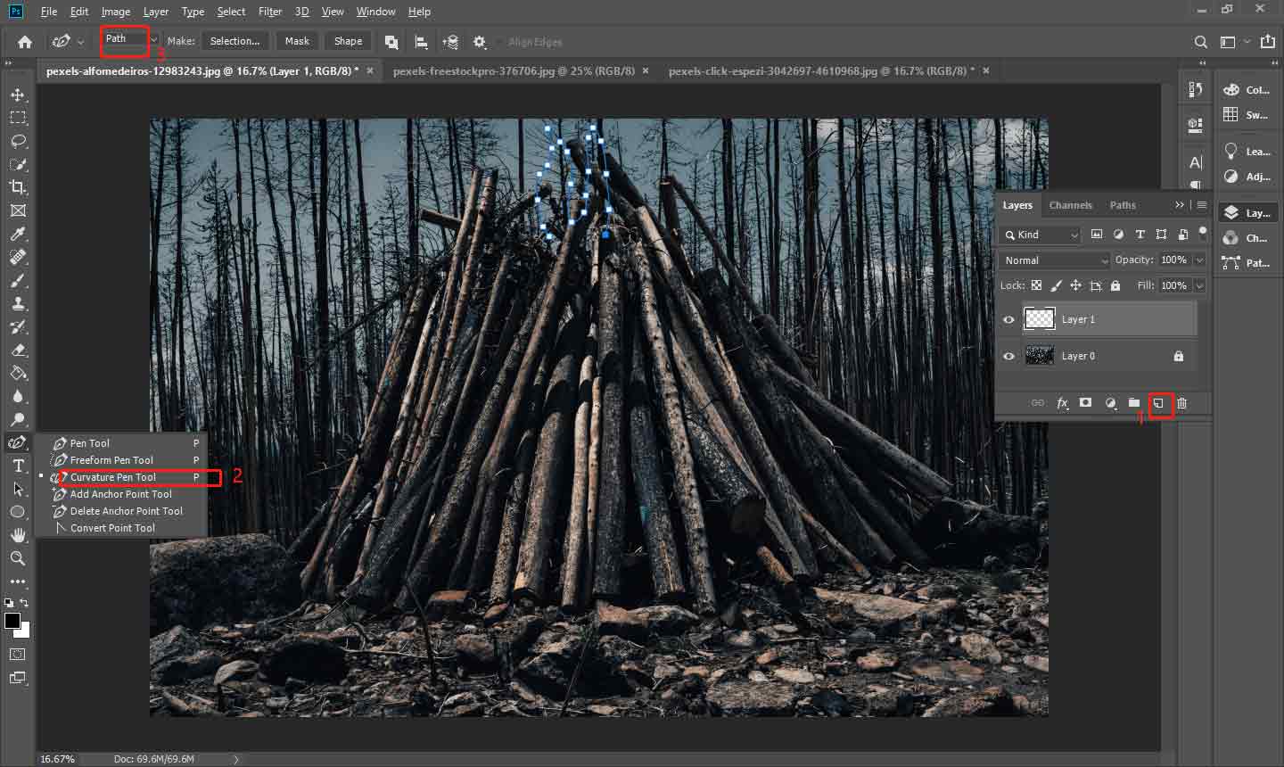 Create a new layer and draw the fire path in Photoshop