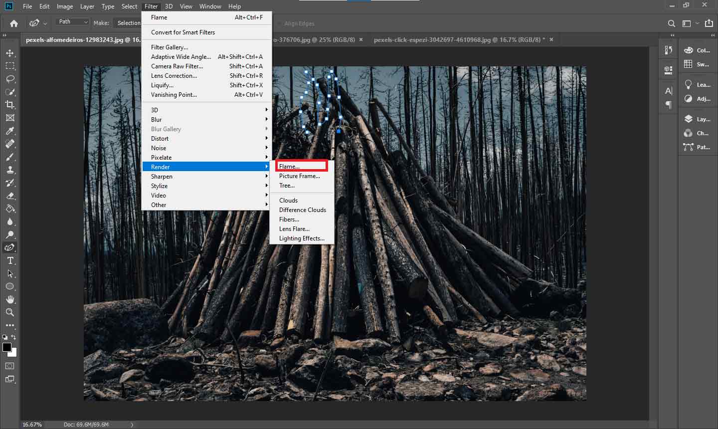 Add the flame filter in Photoshop