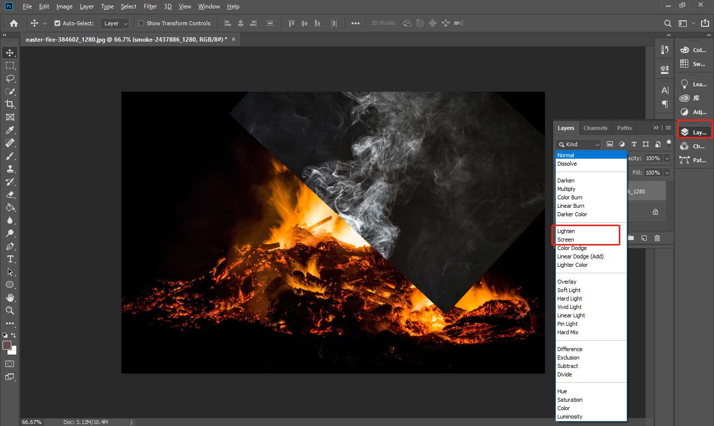 Set the blend mode and opacity to make the smoke effect blend better into the image in Photoshop