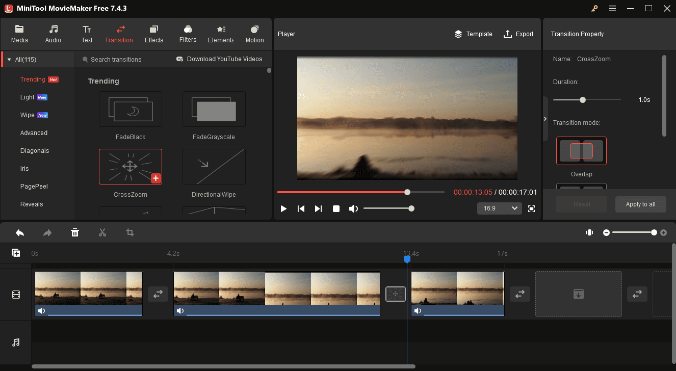 Add a transition between two 3GP videos in MiniTool MovieMaker