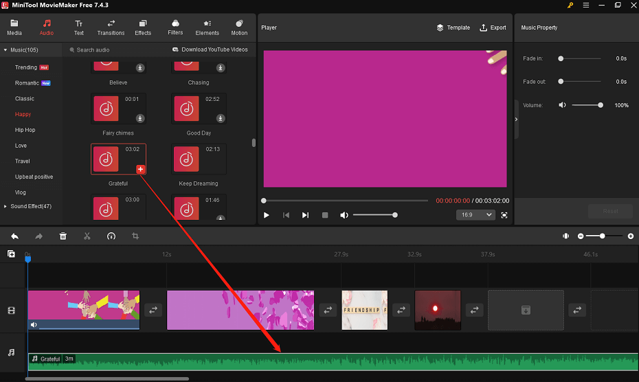 Click the + icon to add music in MiniTool MovieMaker