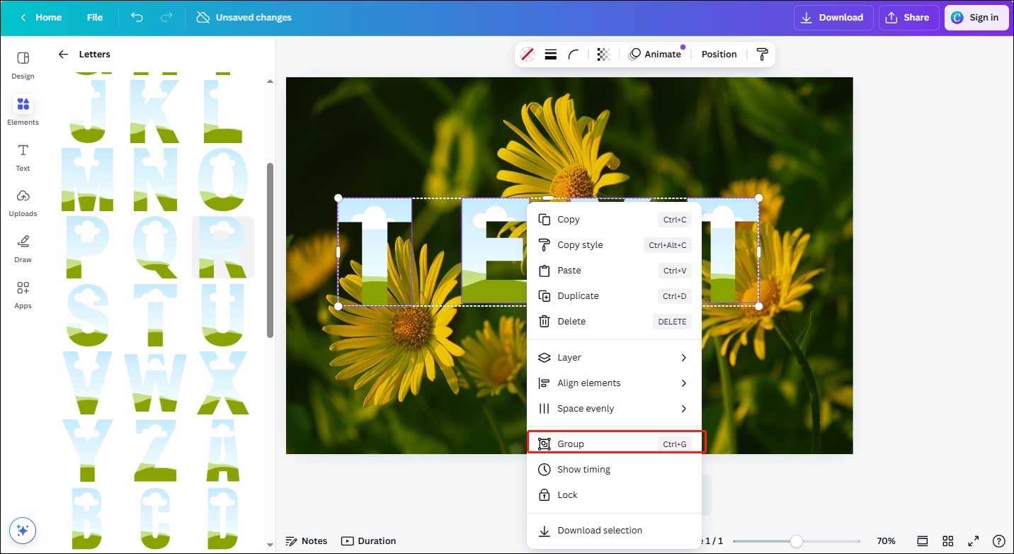 Group all the letters to adjust their position and size together in Canva