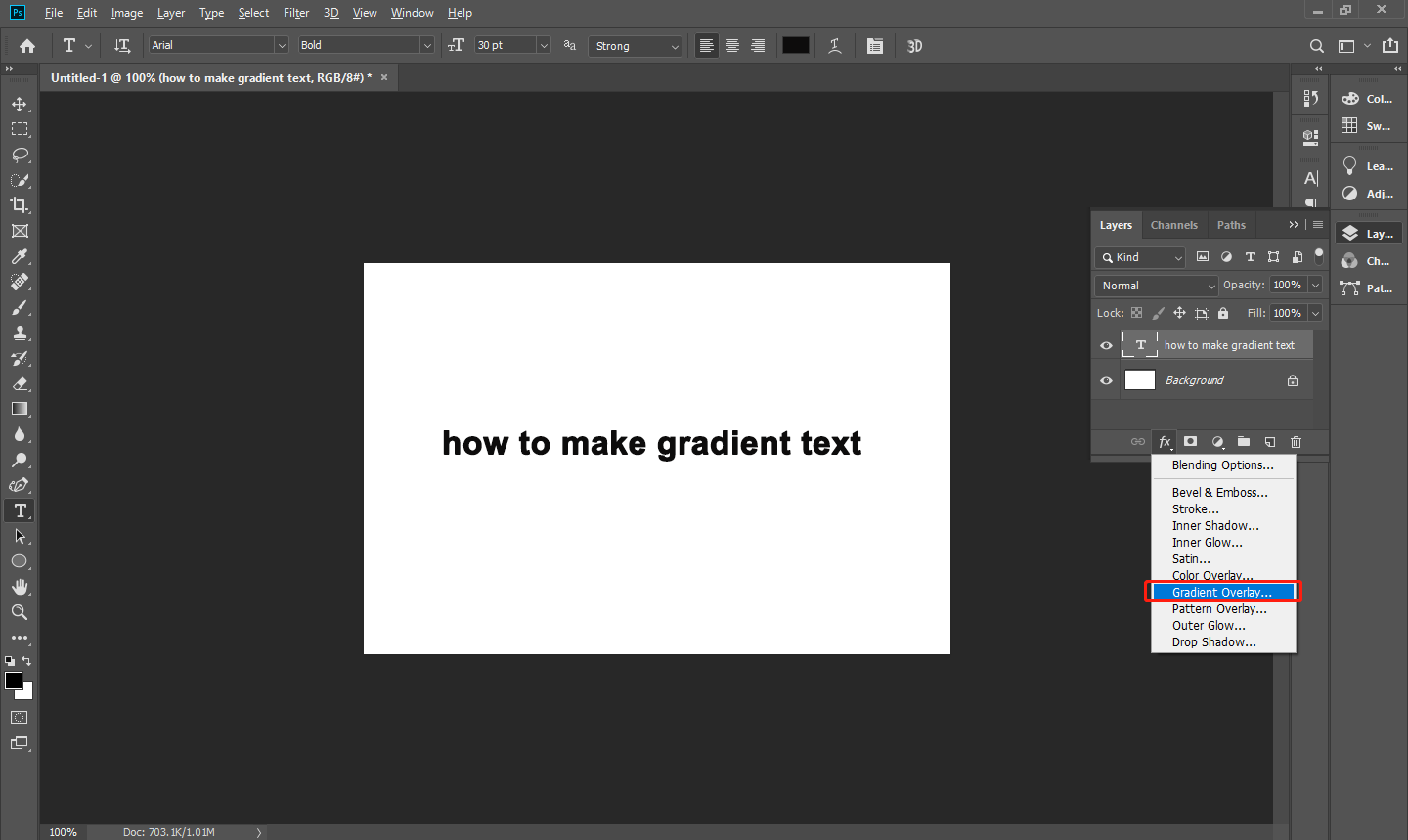 Click the fx button to select the gradient tool in Photoshop