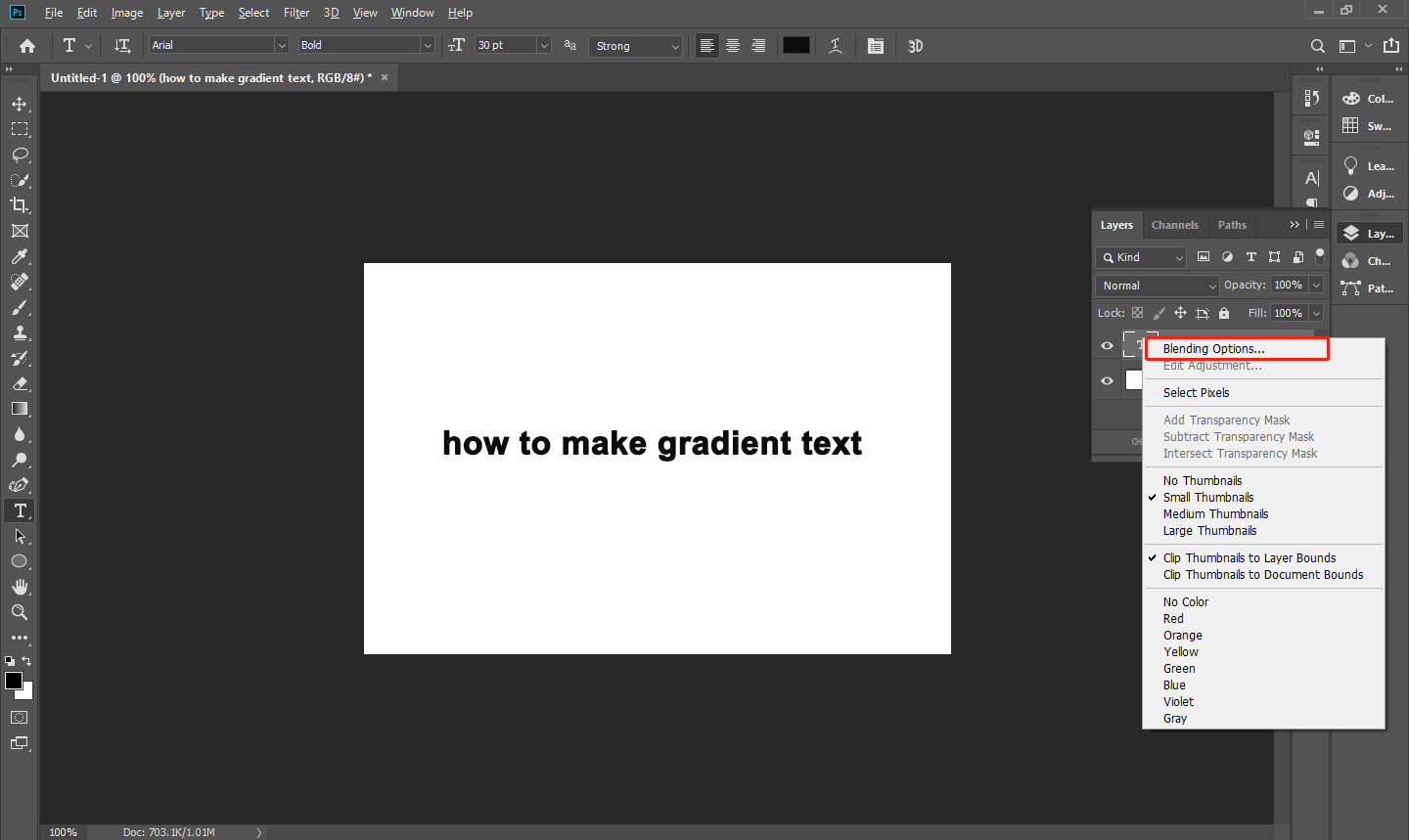 Right-click on the text layer to select the gradient tool in Photoshop