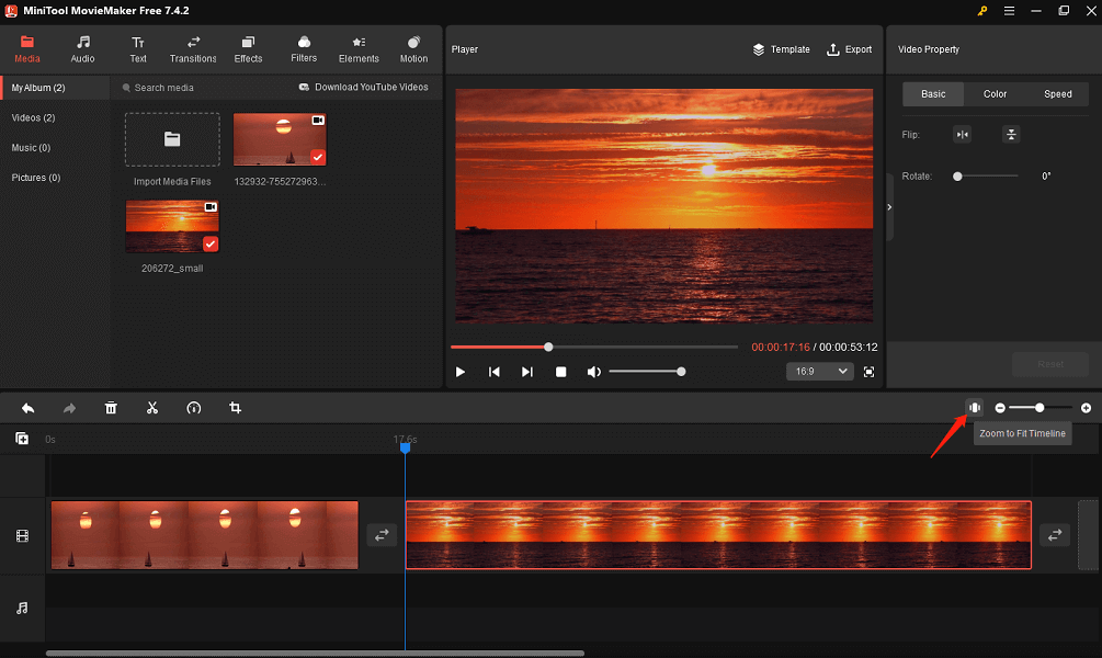 Click the Zoom to Fit Timeline icon in MiniTool MovieMaker