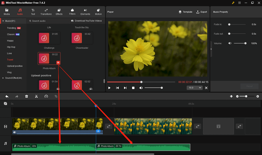 Click the + icon on the song to add it to the timeline in MiniTool MovieMaker