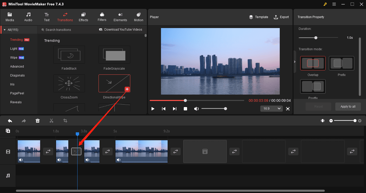 Add a transition between two clips in MiniTool MovieMaker