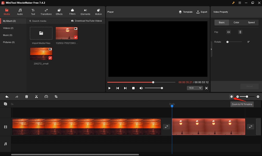 Click on the Zoom to Fit Timeline icon in MiniTool MovieMaker