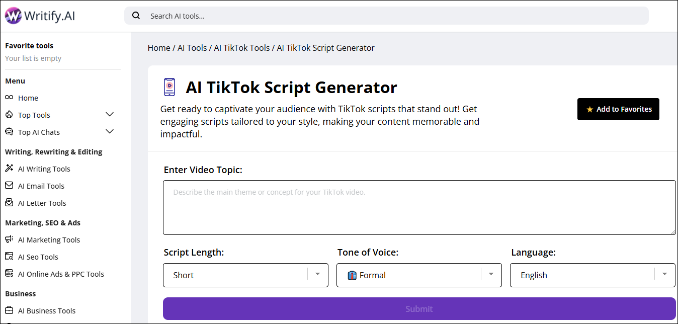 The interface of Writify.AI for introduction