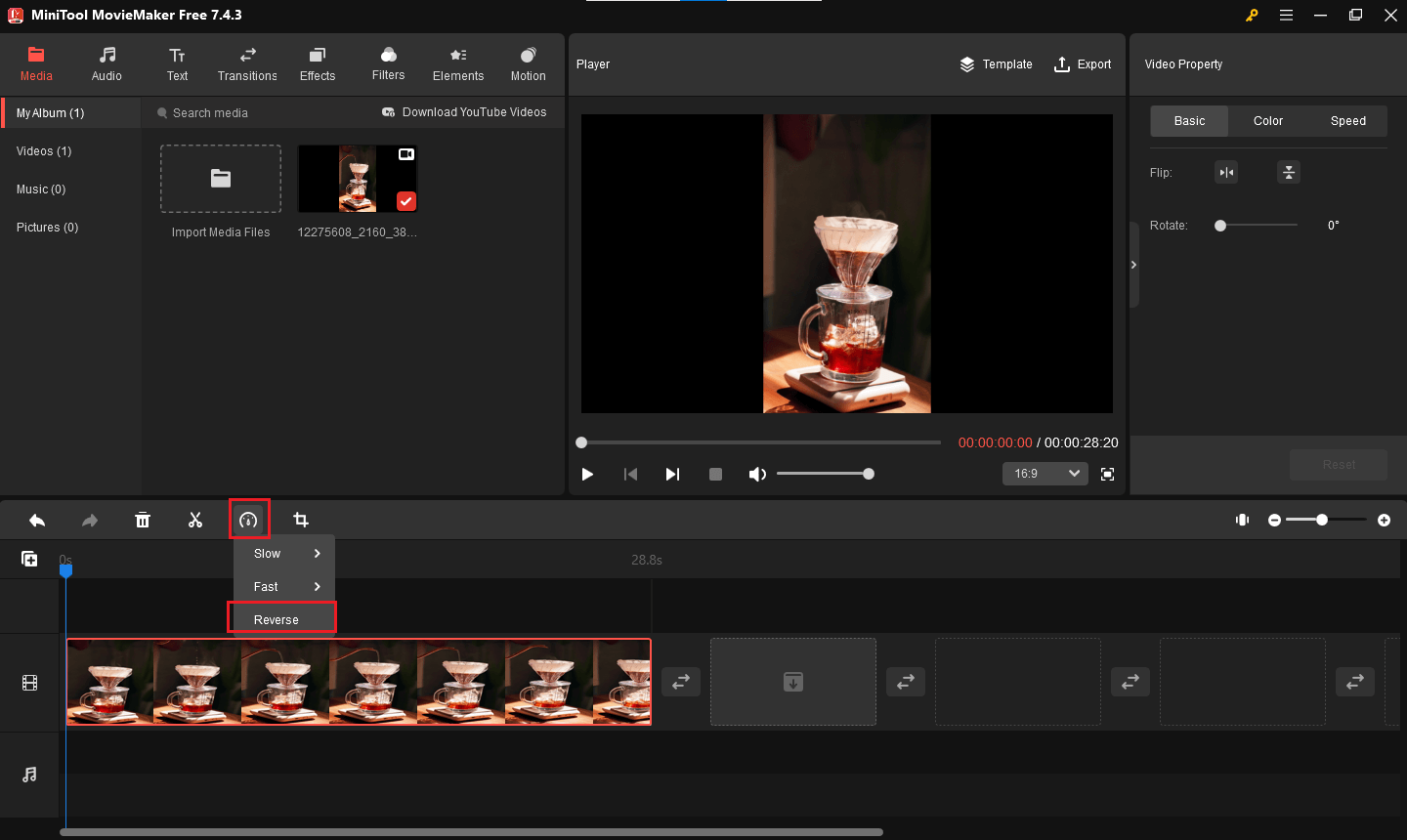 Clicking the Reverse icon above the timeline to reverse the video in MiniTool MovieMaker