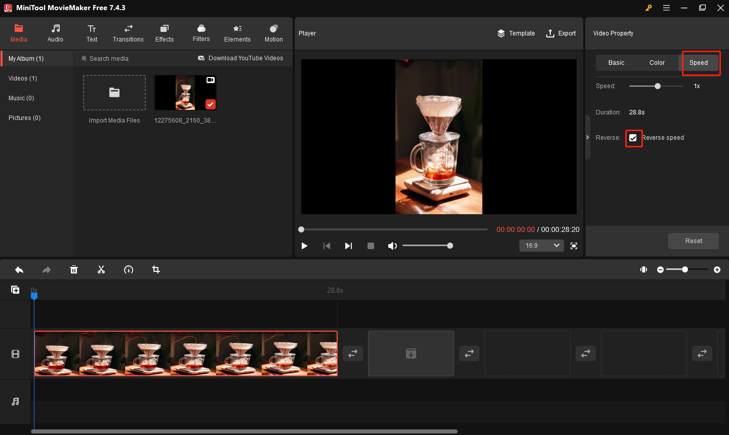 Check the Reverse speed option to reverse the video in MiniTool MovieMaker