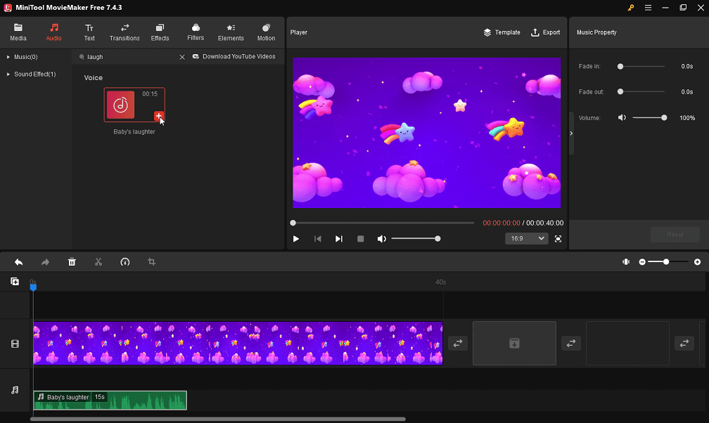 Click the + icon to add laughing sound effect in MiniTool MovieMaker