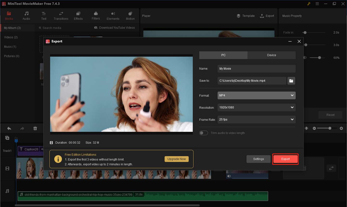 Export the video in MiniTool MovieMaker