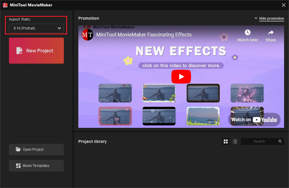 Expand Aspect Ratio to select 9:16 (Portrait) in MiniTool MovieMaker