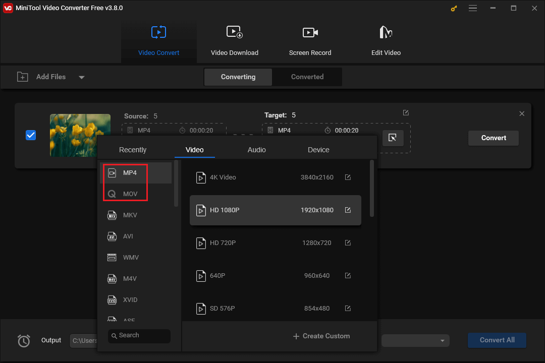 Click the MP4 or MOV format in MiniTool Video Converter
