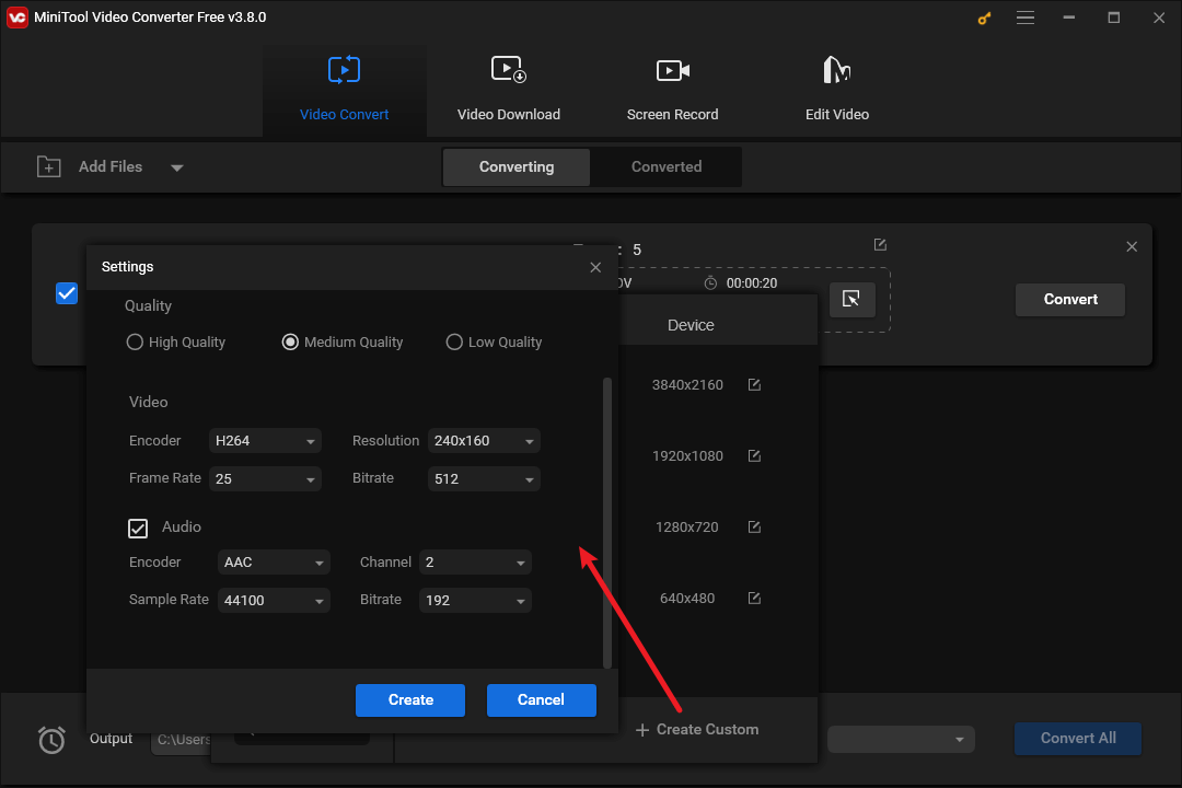 Click + Create Custom to make some custom settings in MiniTool Video Converter