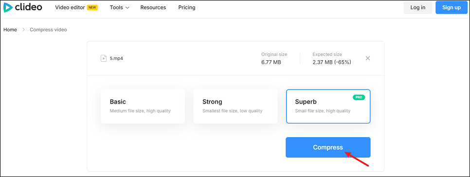 Click the Compress button to start compressing video in Clideo