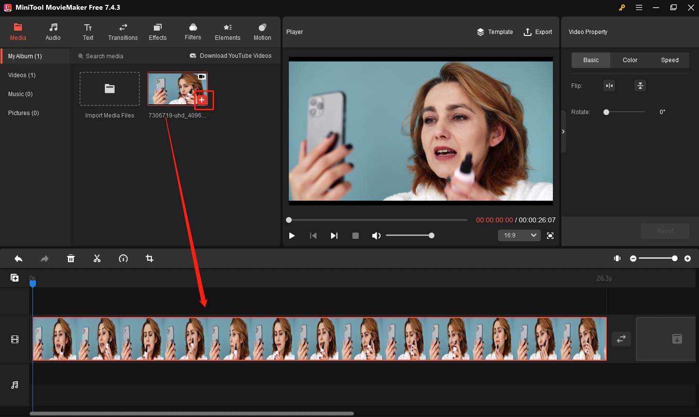 Add the video clip to the timeline in MiniTool MovieMaker