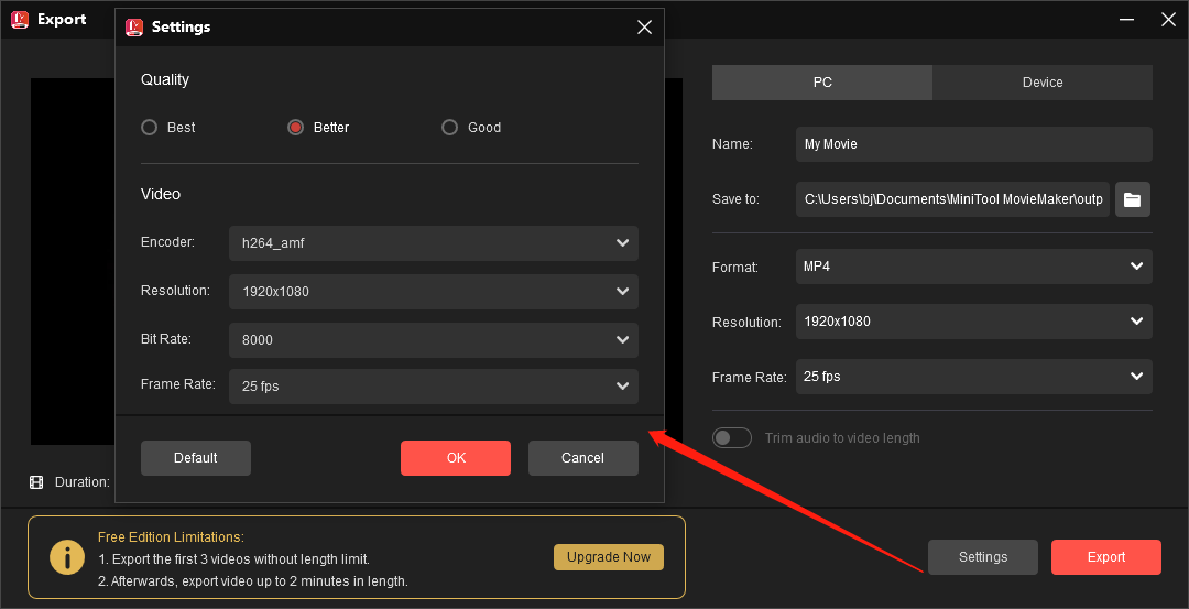 Export edited screen recording from MiniTool MovieMaker