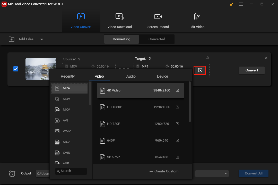 Set MP4 as the output format in MiniTool Video Converter