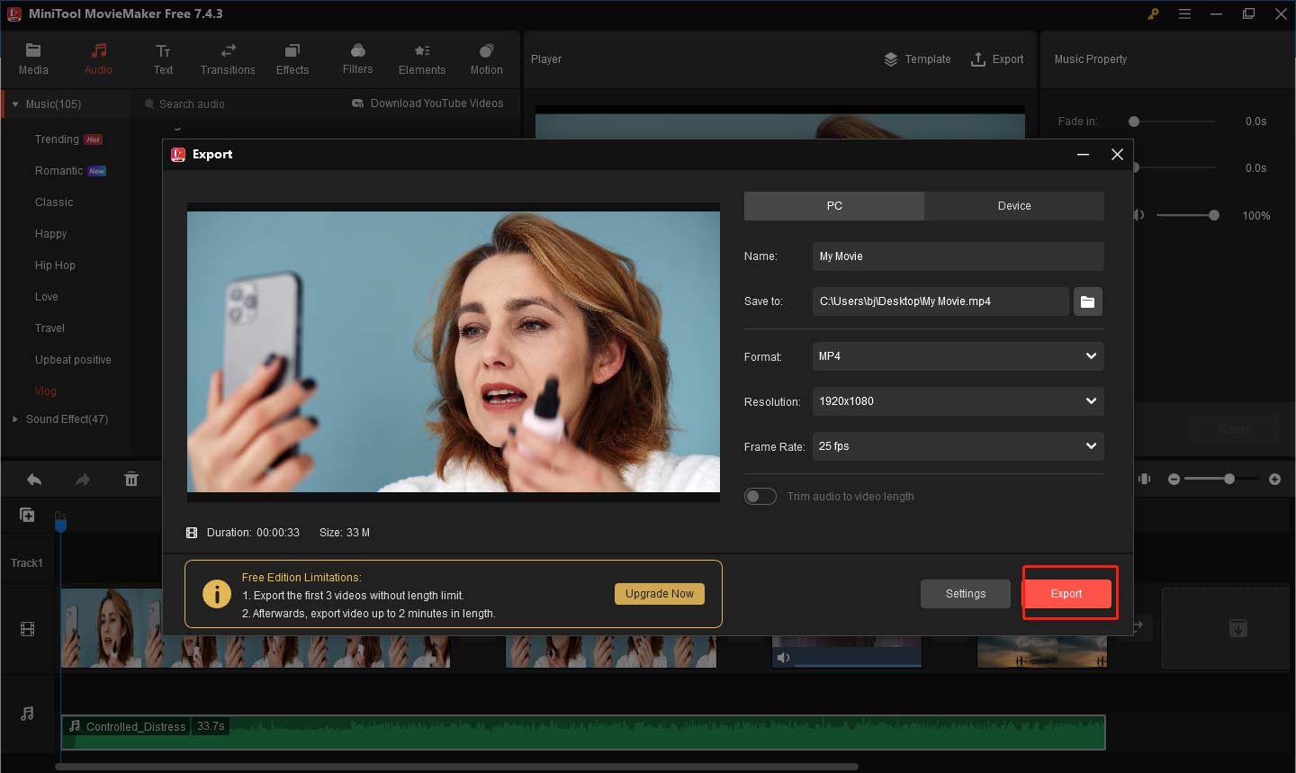 Export the video in MiniTool MovieMaker