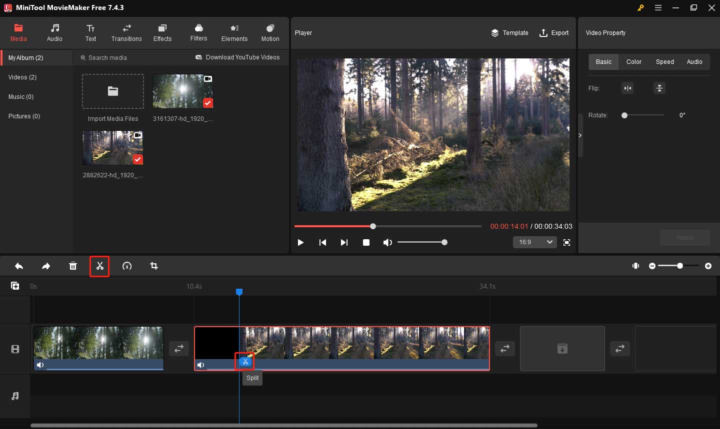 Cut the video clip in the timeline to remove unwanted parts in MiniTool MovieMaker