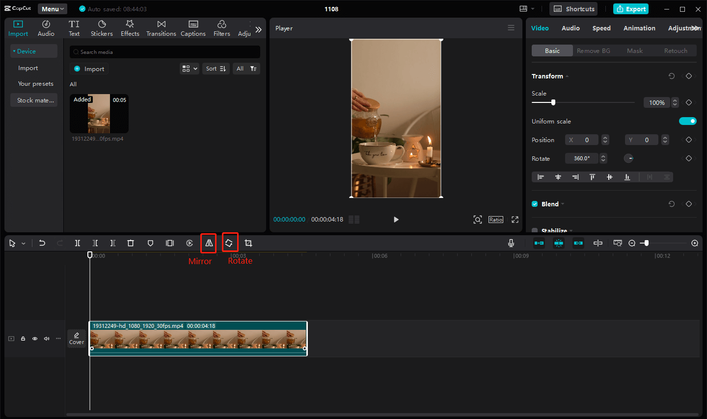 Click the mirror icon or the rotate icon to get a flipping effect in CapCut