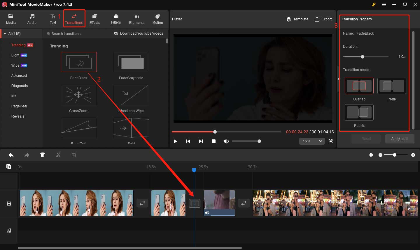 Add transitions to video in MiniTool MovieMaker