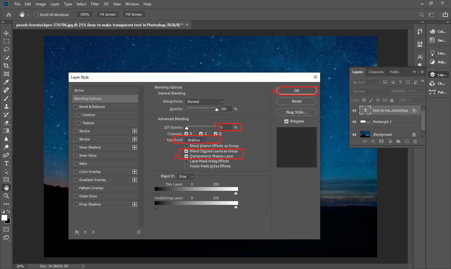 Change some settings of blending options to realize a transparent text effect in Photoshop