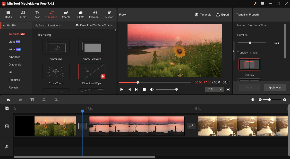 Add a transition between two videos in MiniTool MovieMaker