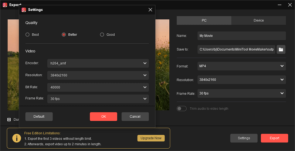 Export merged GoPro videos from MiniTool MovieMaker