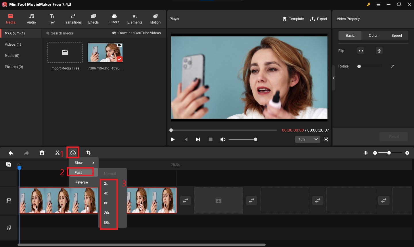 Speed up your video by clicking the speed icon above the timeline in MiniTool MovieMaker