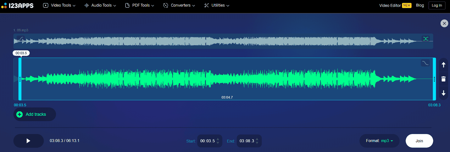 Merge Ogg files with Audio Joiner by 123apps