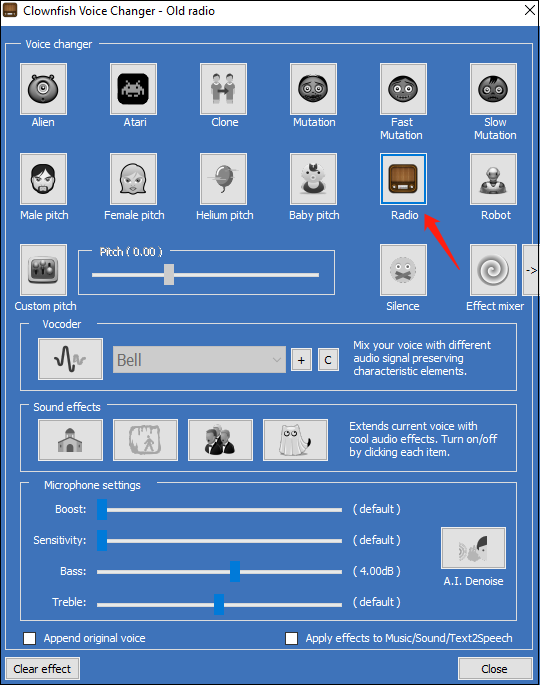 Select Radio in Clownfish Voice Changer