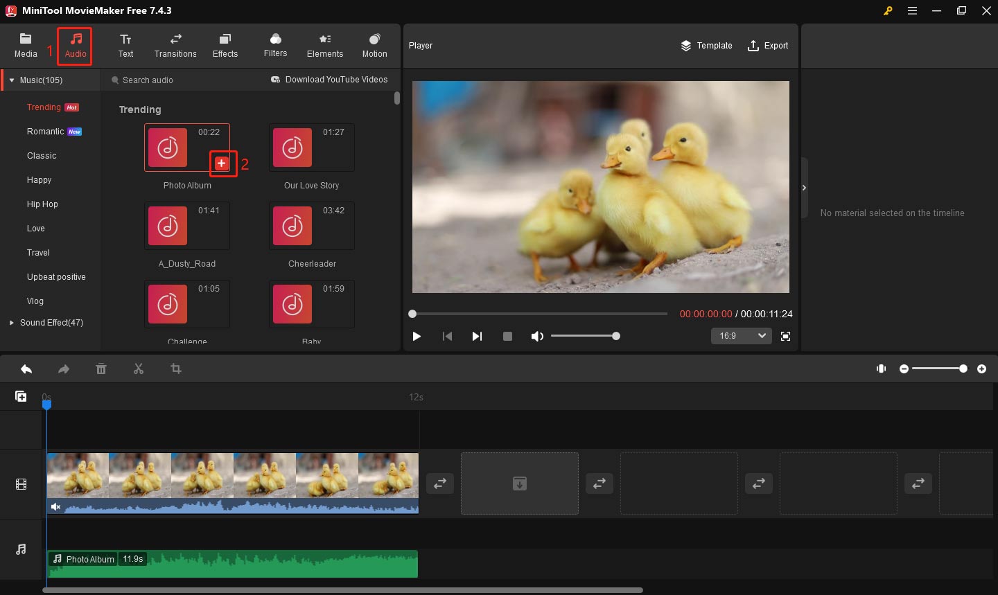 Add audio to the muted video in MiniTool MovieMaker