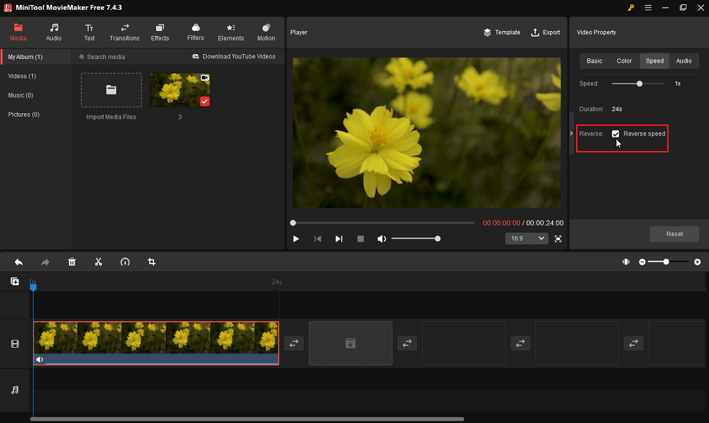 Select the Reverse speed option in MiniTool MovieMaker
