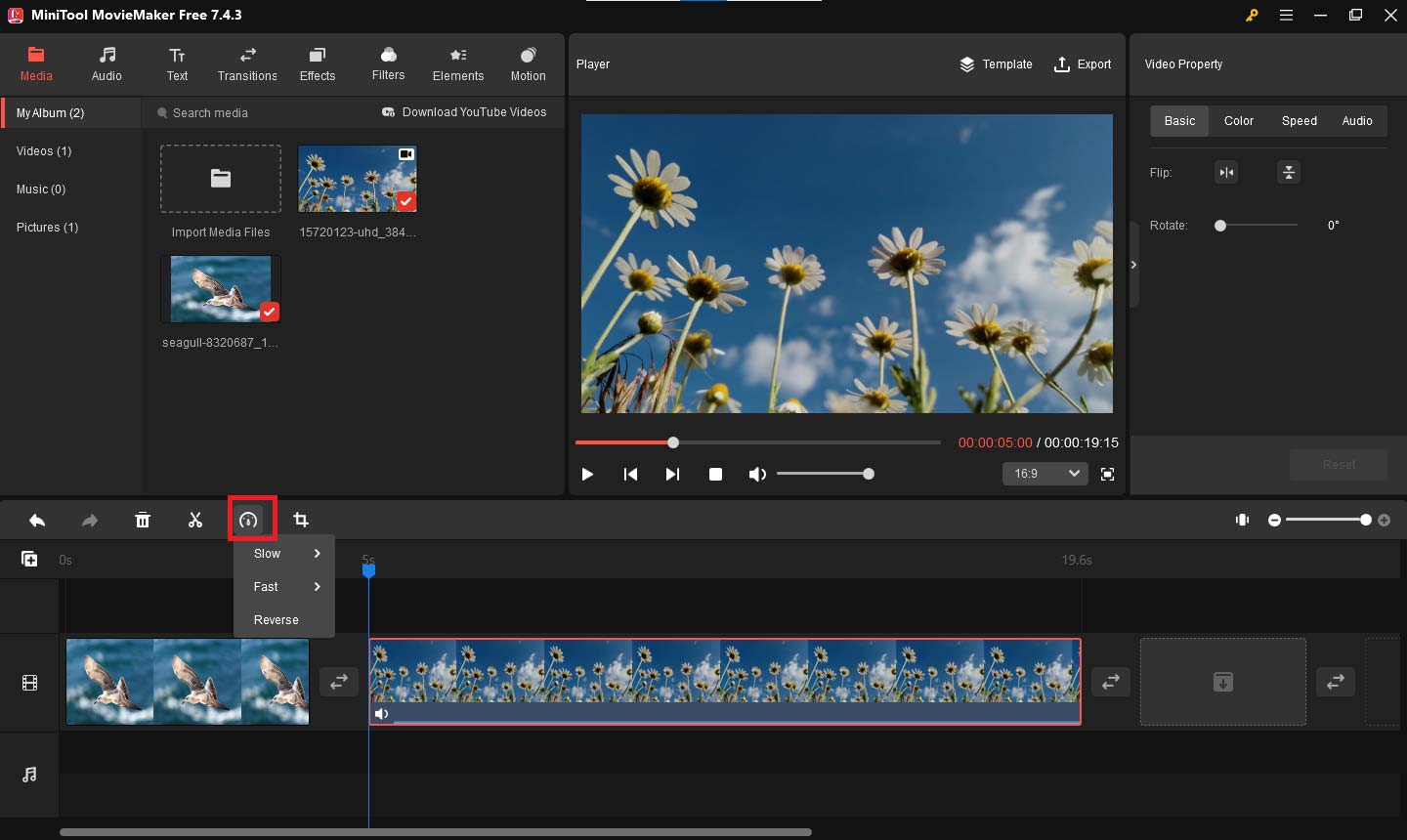 Change the video speed by clicking the speed icon in MiniTool MovieMaker