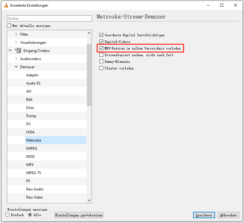 Deaktivieren Sie die Option MKV-Dateien im selben Verzeichnis vorladen