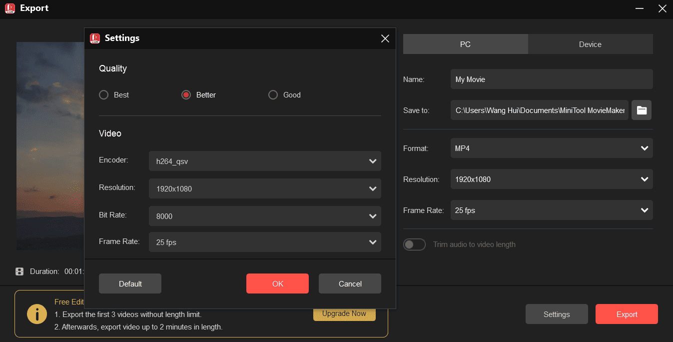 Export video from MiniTool MovieMaker