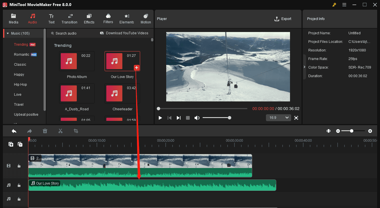 Click the + icon to add music to the video in MiniTool MovieMaker