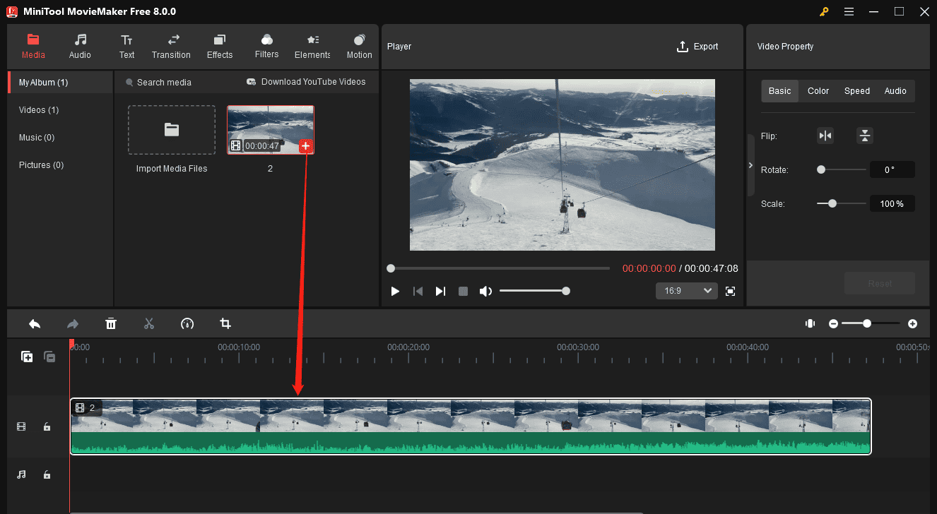 Click the + icon to add video to the timeline in MiniTool MovieMaker