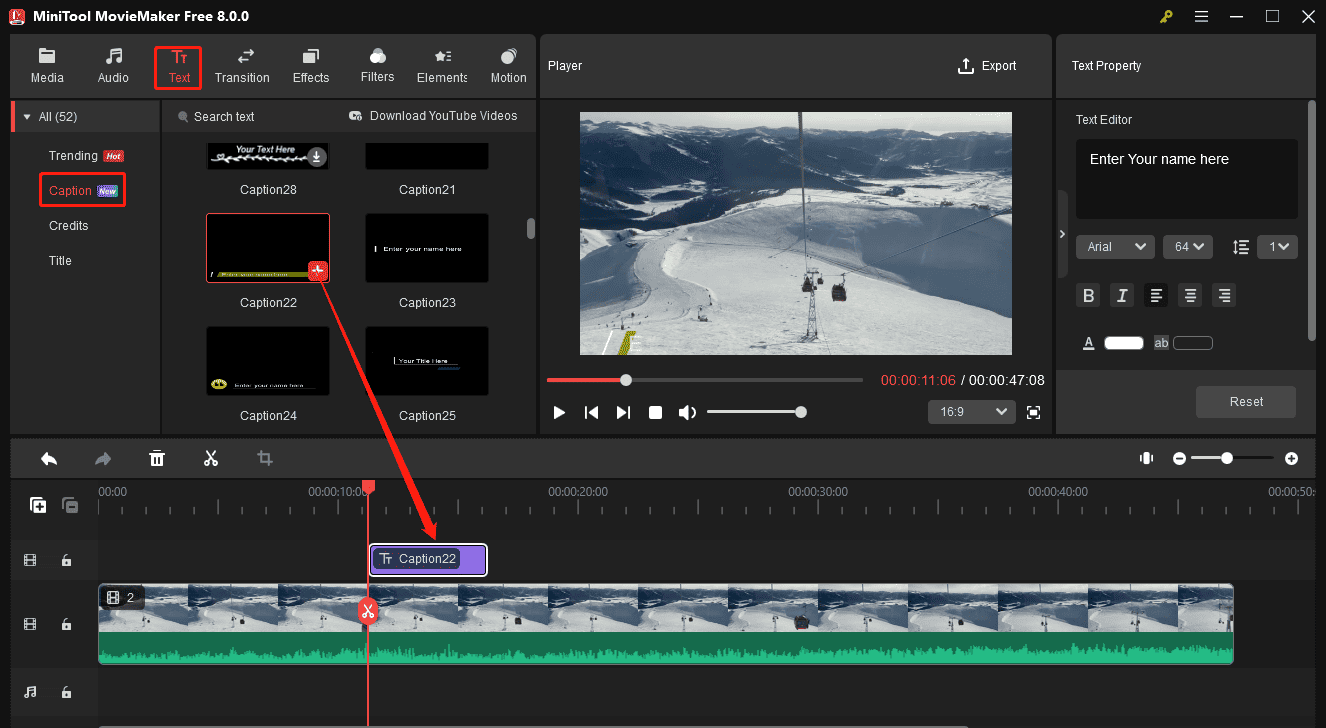 Add a caption layer to the timeline in MiniTool MovieMaker