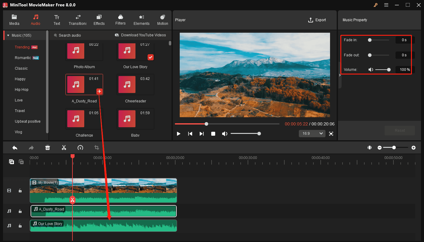 Click the + icon to add music in MiniTool MovieMaker's timeline