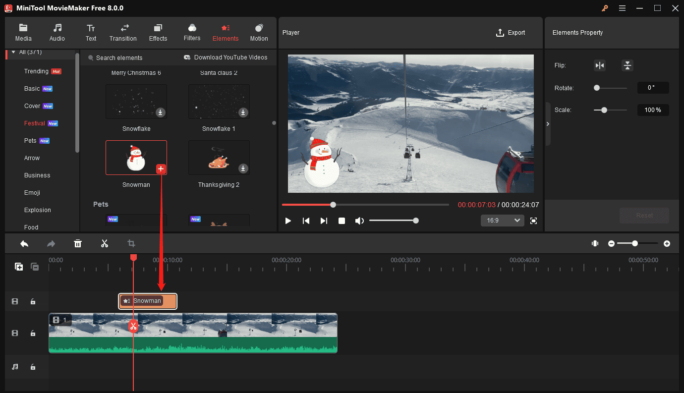 Add a cartoon element to video in MiniTool MovieMaker