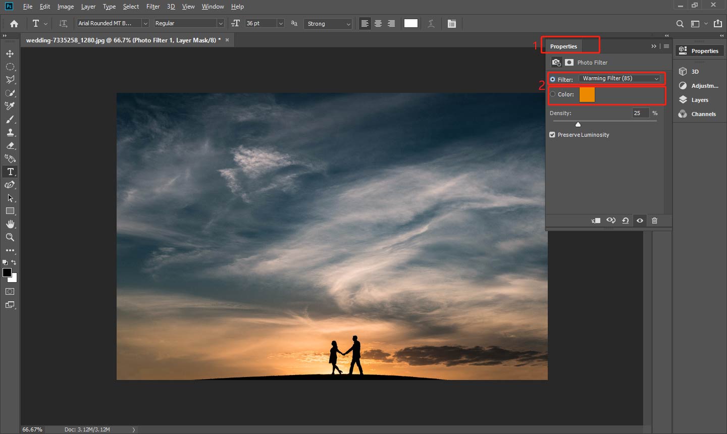 Apply the photo filter to color grade image in Photoshop