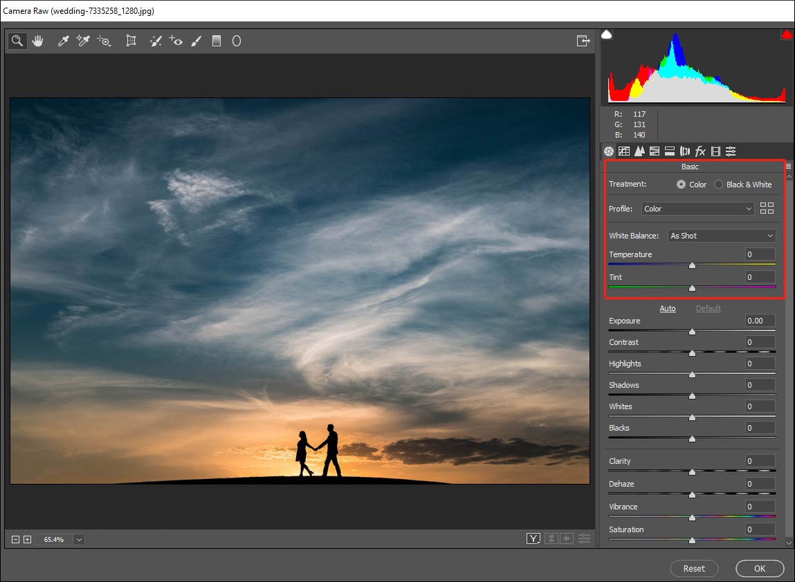 Adjust the temperature and tint to color grade image in Photoshop